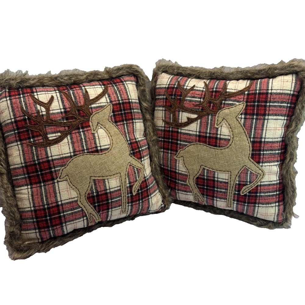 Pair Of Red Plaid Flannel Christmas Accent Pillow Faux Reindeer & Faux Fur 13"